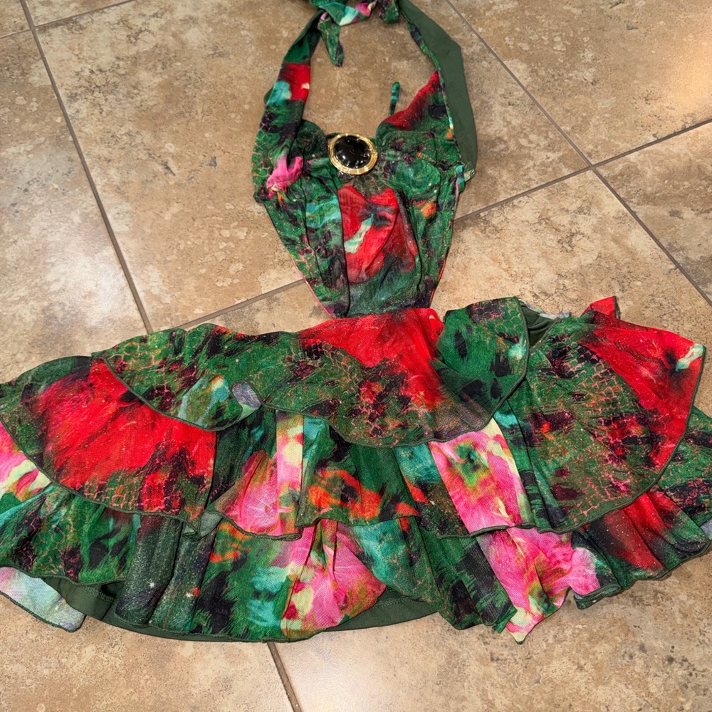 Backless Halter Floral Maxi Dress in Green & Red (no shorts underneath) - Picture 3 of 5